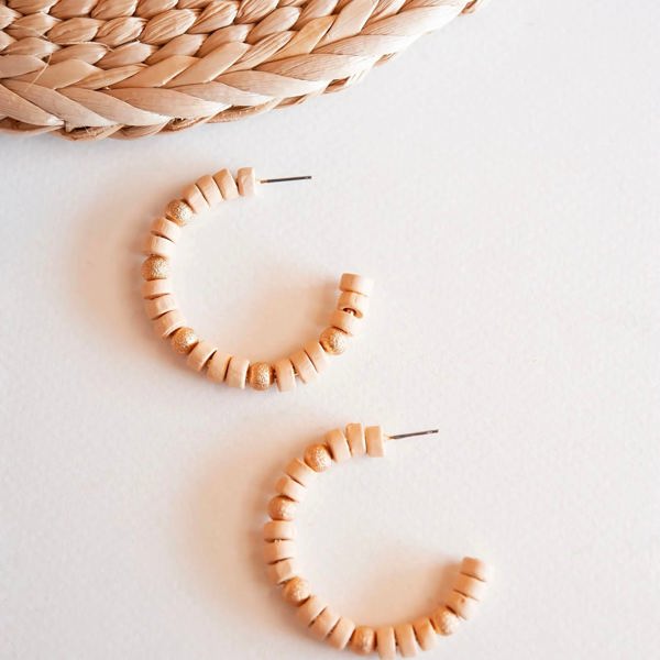 Ginger Natural Wood and Gold Bead Hoop Earrings