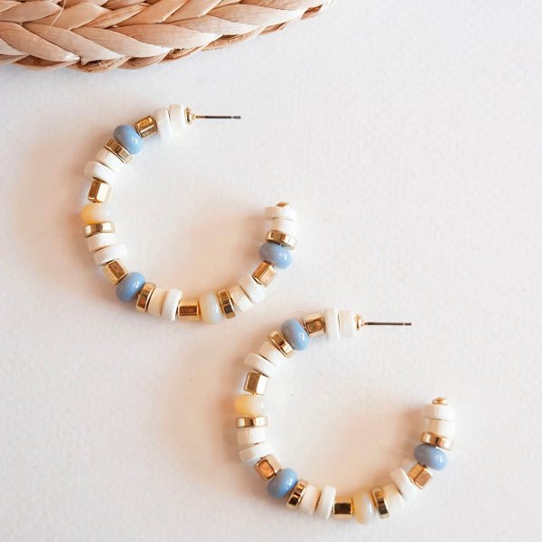 Karrie Natural Wood and Periwinkle Beaded Gold Hoop Earrings