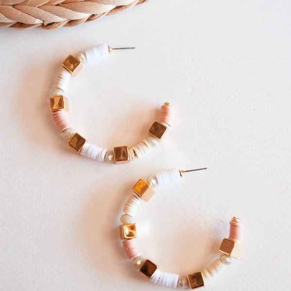 Kennedy Ivory and Blush Shell Bead Hoop Earrings