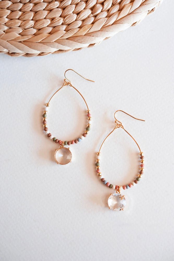 Laticia Natural and Gold Beaded Teardrop Hoop Earrings