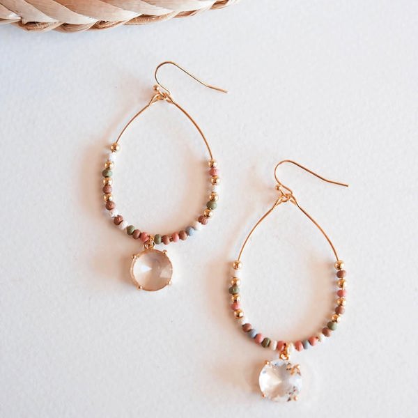 Laticia Natural and Gold Beaded Teardrop Hoop Earrings