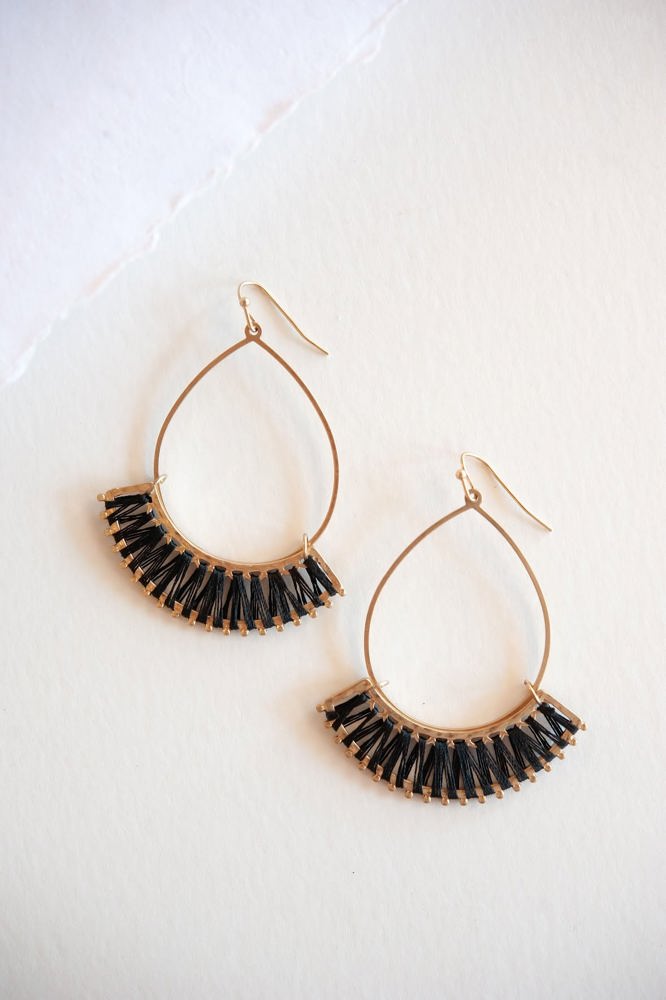 Addison Gold and Black Teardrop Earrings | Brushed Gold Whipstitch Drop Dangle