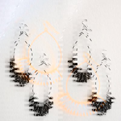 Addison Gold and Black Teardrop Earrings | Brushed Gold Whipstitch Drop Dangle