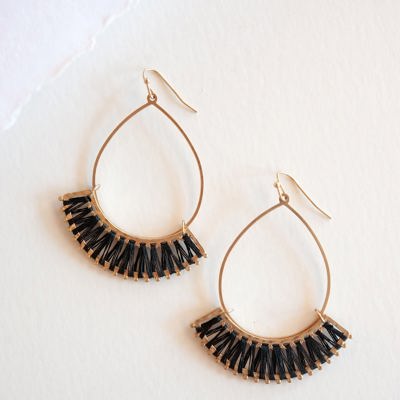 Addison Gold and Black Teardrop Earrings | Brushed Gold Whipstitch Drop Dangle