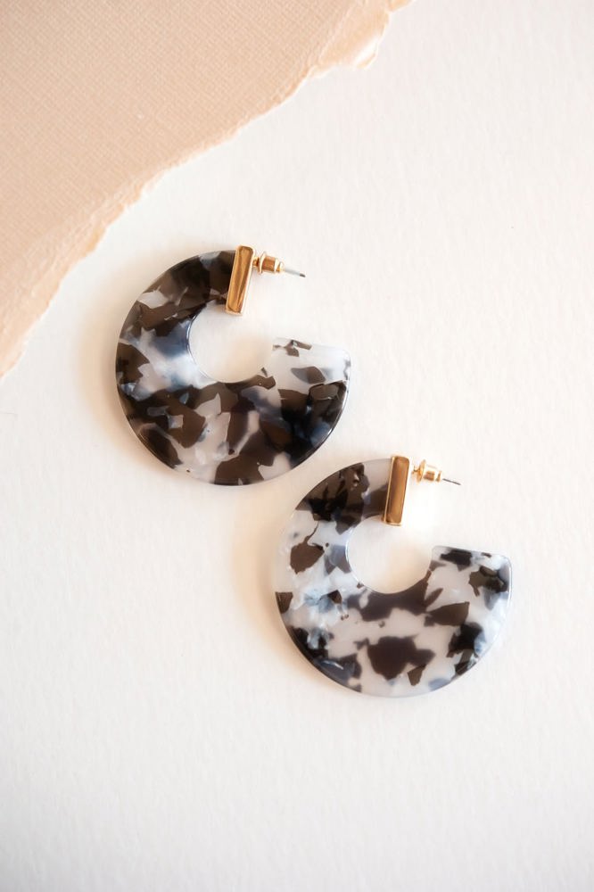 Autumn Marble Lucite Hoops | Black and White with Gold Accent Earring