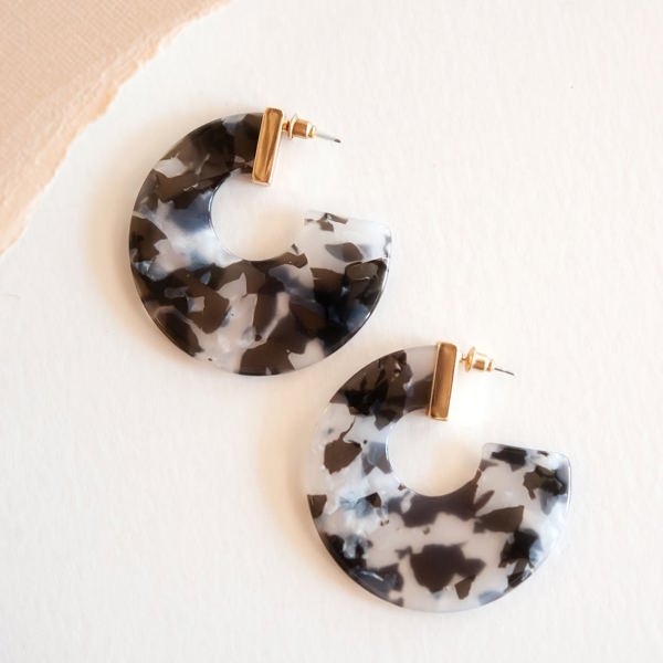 Autumn Marble Lucite Hoops | Black and White with Gold Accent Earring