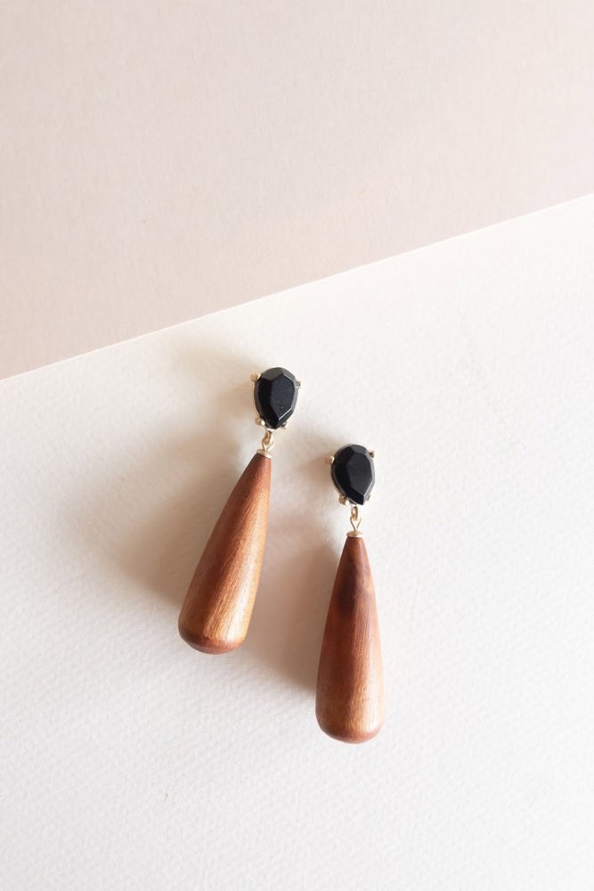 Annabelle Wood Dangle | Black Gem Boho Earring