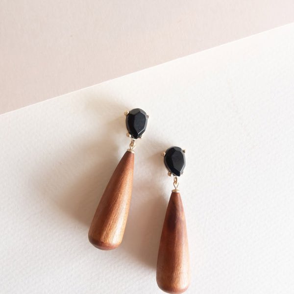 Annabelle Wood Dangle | Black Gem Boho Earring