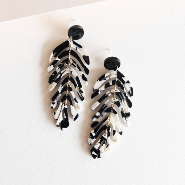 Black and White Marble Dangle | Monstera Leaf Earrings