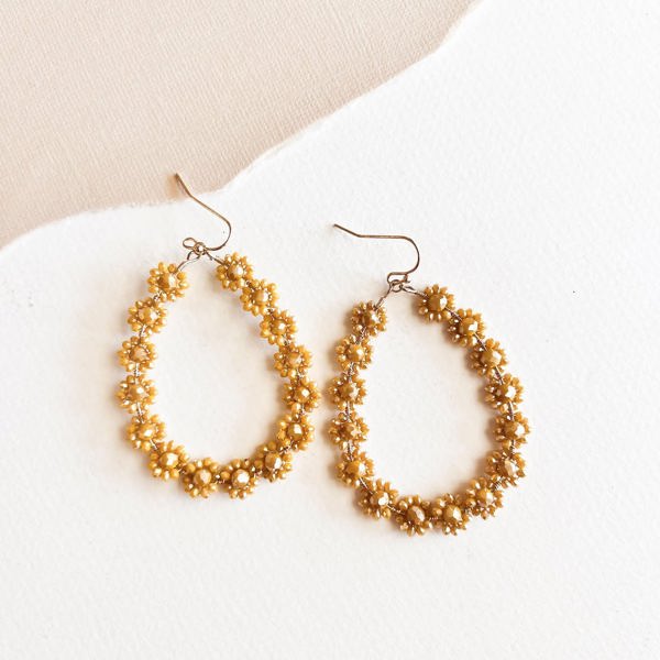 Bethany Tan Beaded Flower Teardrop Hoop | Warm Boho Earring