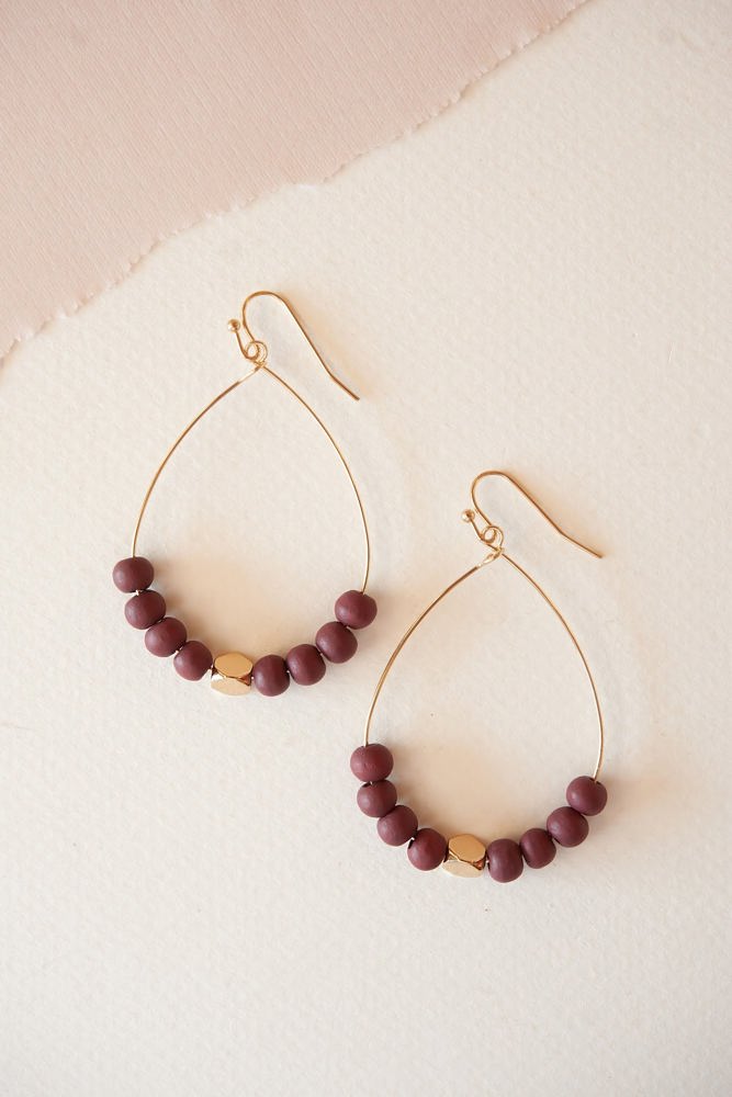 Blaire Beaded Teardrop Hoop | Berry and Gold Wood Beaded Dangle