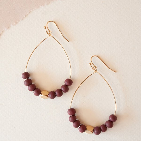 Blaire Beaded Teardrop Hoop | Berry and Gold Wood Beaded Dangle