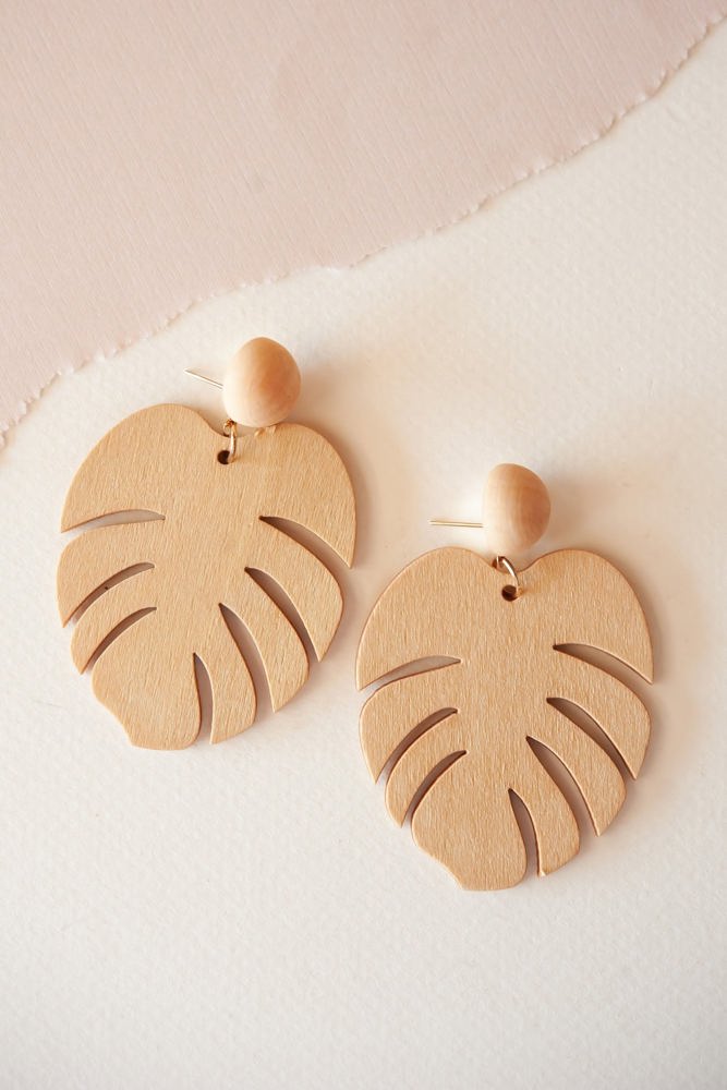 Belle Light Wood Leaf Earring | Monstera Leaf Dangle Earring