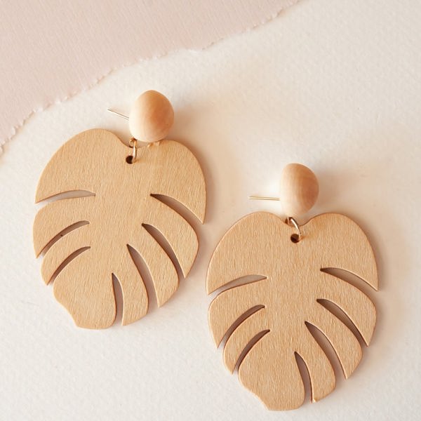 Belle Light Wood Leaf Earring | Monstera Leaf Dangle Earring