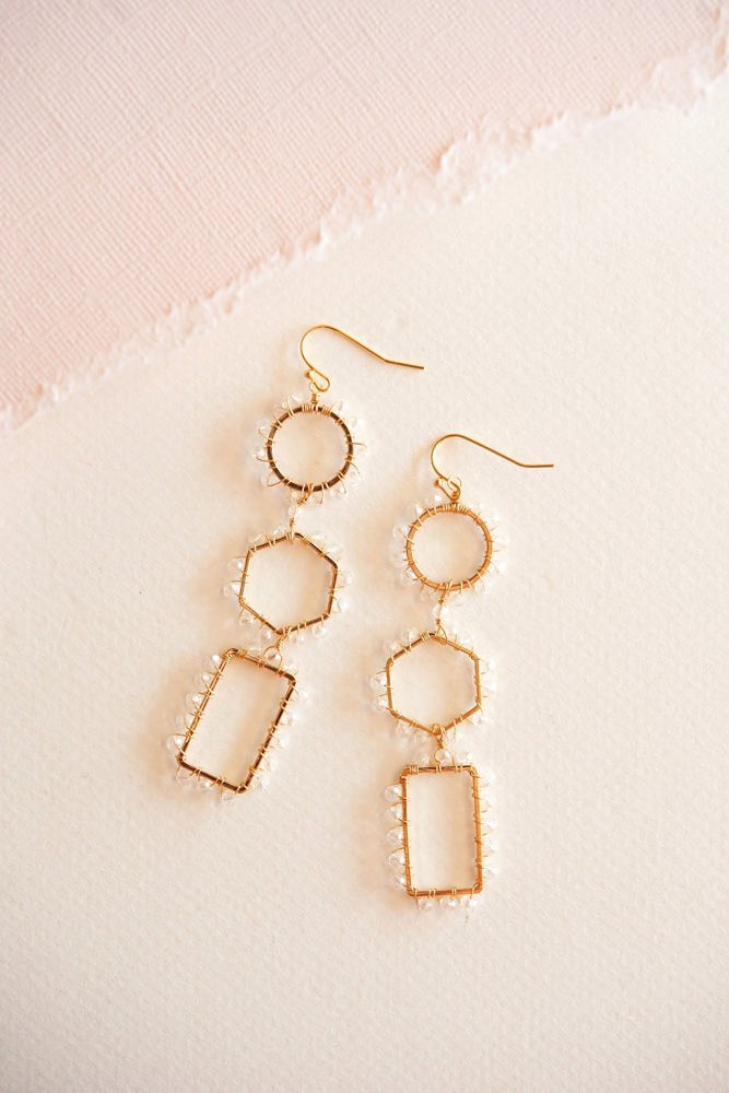 Caroline Geometric Dangle | Clear Beaded Gold Earring