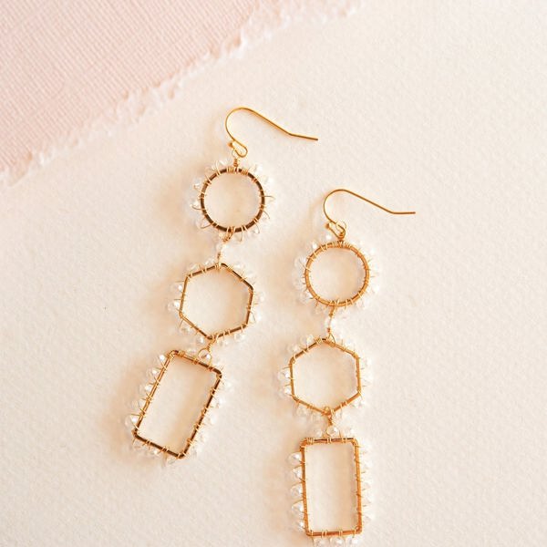 Caroline Geometric Dangle | Clear Beaded Gold Earring