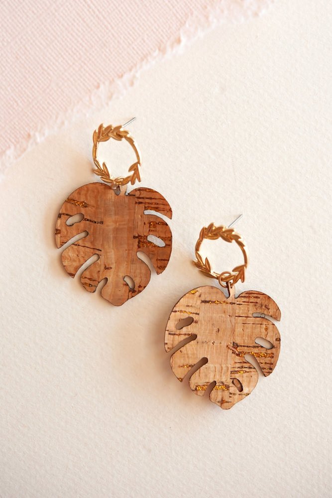 Cam Monstera Gold Cork Dangle | Cork Leather Leaf Earring