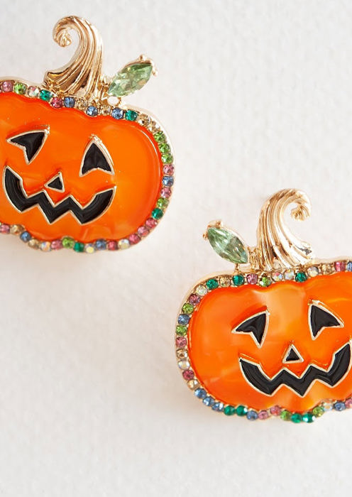 Gemstone Pumpkin Jack'O'Lantern Stud | Halloween Earrings