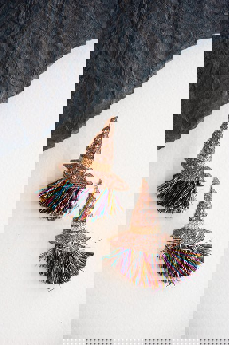 Sparkly Metal Witch Hat Earrings | Tinsel Halloween Wizard Hat Earrings | Halloween Earrings
