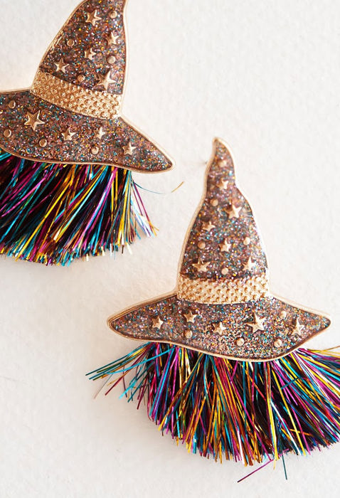 Sparkly Metal Witch Hat Earrings | Tinsel Halloween Wizard Hat Earrings | Halloween Earrings