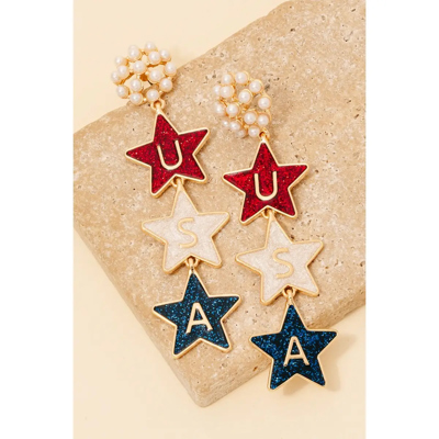 4th of July USA Stars and Pearls Dangle Earrings