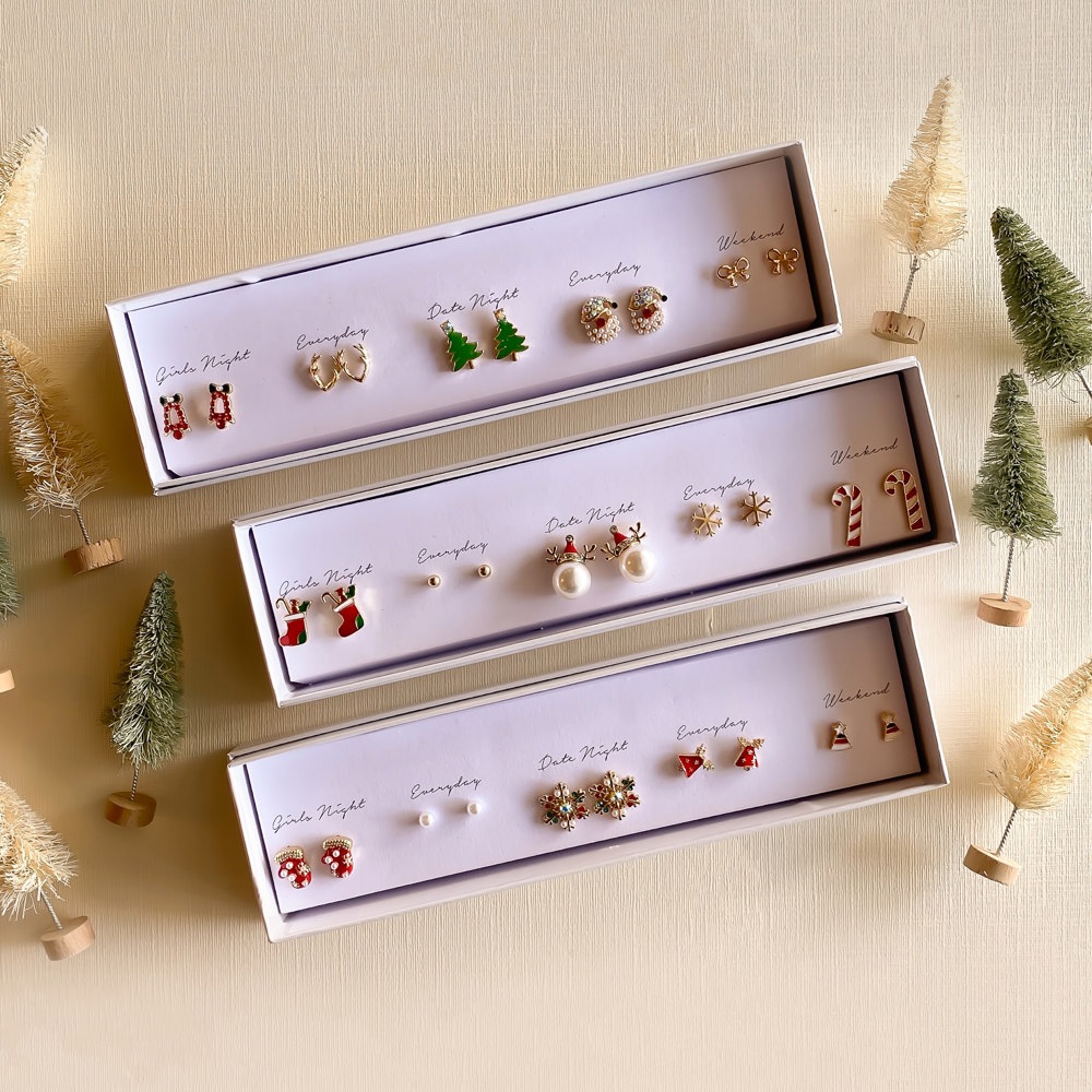 Boxed Christmas Earrings Set | Gift Ready Holiday Stud Sets | Dainty Santa Jewelry | Reindeer Earrings