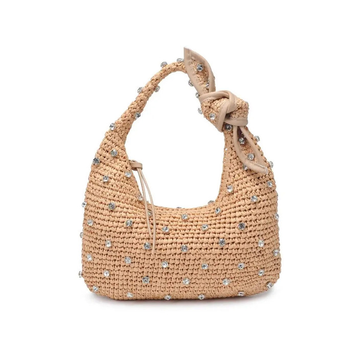 Jessa Straw Rattan Shoulder Bag | Bow and Rhinestone Detail Purse