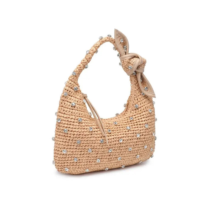 Jessa Straw Rattan Shoulder Bag | Bow and Rhinestone Detail Purse