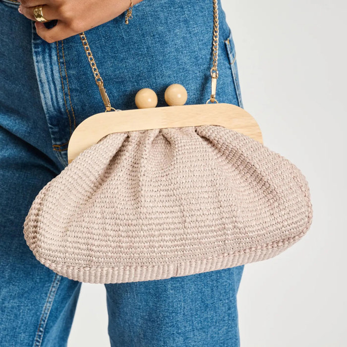 Lucy Rattan Clutch with Wood Kiss Lock Frame 