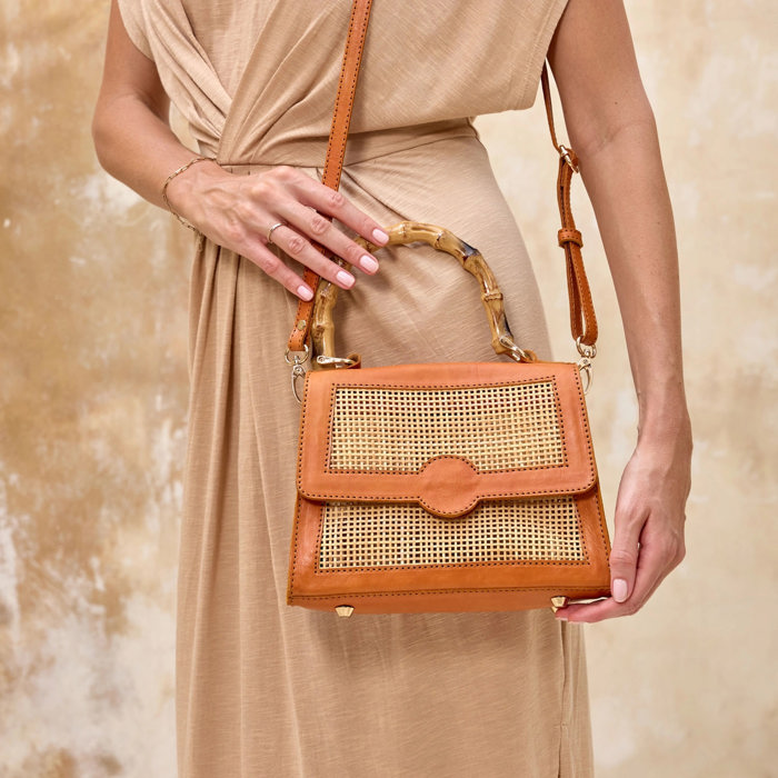 Elana Rattan and Leather Trim Handbag with Bamboo Handle