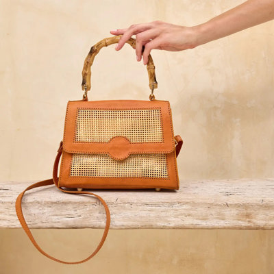 Elana Rattan and Leather Trim Handbag with Bamboo Handle