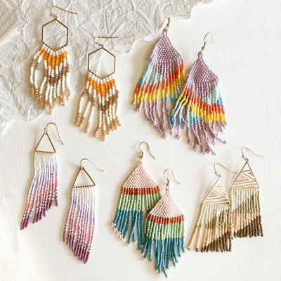 Hand Beaded Tassel Earrings | Colorful Boho Tribal Fringe Earrings | Color Block Seed Bead Danglers