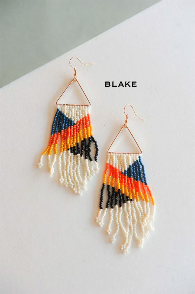 Hand Beaded Tassel Earrings | Colorful Boho Tribal Fringe Earrings | Color Block Seed Bead Danglers