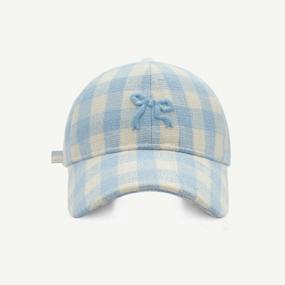 Blue And White Gingham Baseball Hat with Embroidered Bow