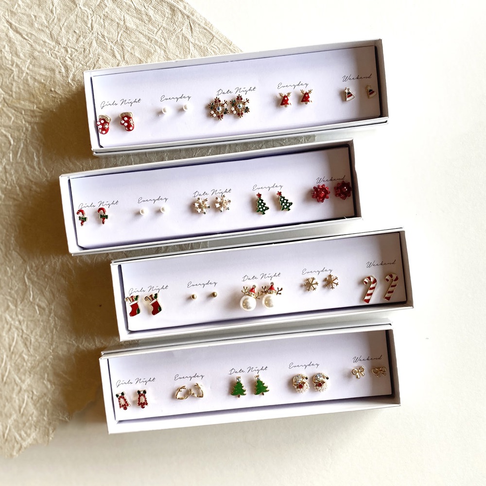 Boxed Christmas Earrings Set | Gift Ready Holiday Stud Sets | Dainty Santa Jewelry | Reindeer Earrings