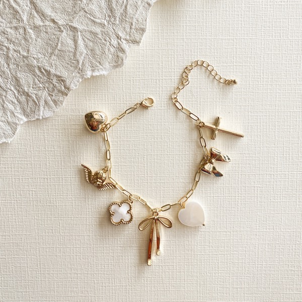 Gold Clover and Bow Charm Bracelet | Cross and Angel Charm Bracelet Gift