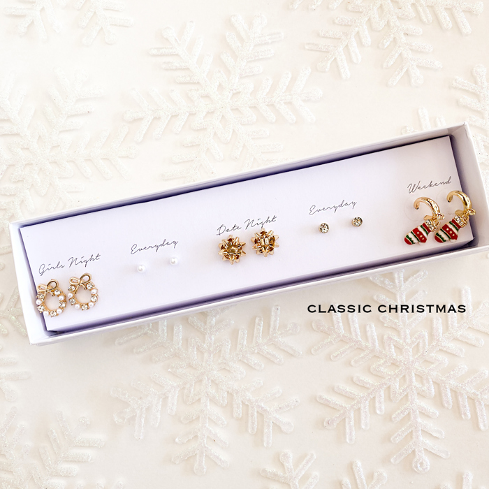 Boxed Christmas Earrings Set | Gift Ready Holiday Stud Sets | Dainty Santa Jewelry | Reindeer Earrings