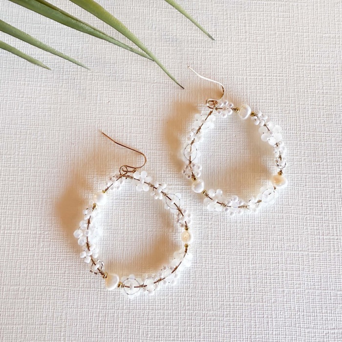 Dawn Delicate Beaded Flower Hoops | Pearl and White Crystal Earrings 