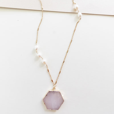 Elenore Lilac Pendant Necklace | Thin Gold Chain with Pearl Details | Lavender Geometric Stone Pendant