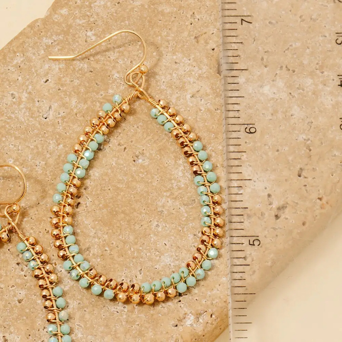 Frannie Beaded Mint and Gold Teardrop Hoops