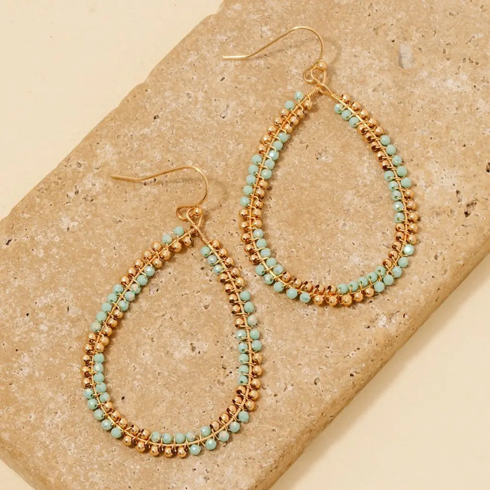 Frannie Beaded Mint and Gold Teardrop Hoops