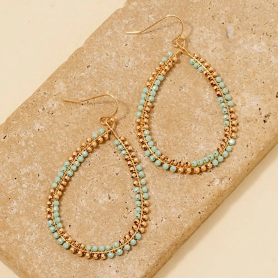 Frannie Beaded Mint and Gold Teardrop Hoops