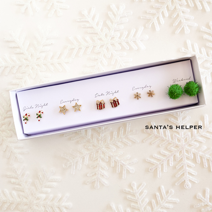 Boxed Christmas Earrings Set | Gift Ready Holiday Stud Sets | Dainty Santa Jewelry | Reindeer Earrings