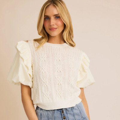 Maddie Round Neck Bubble Short Sleeve Ruffle Detail Sweater Top