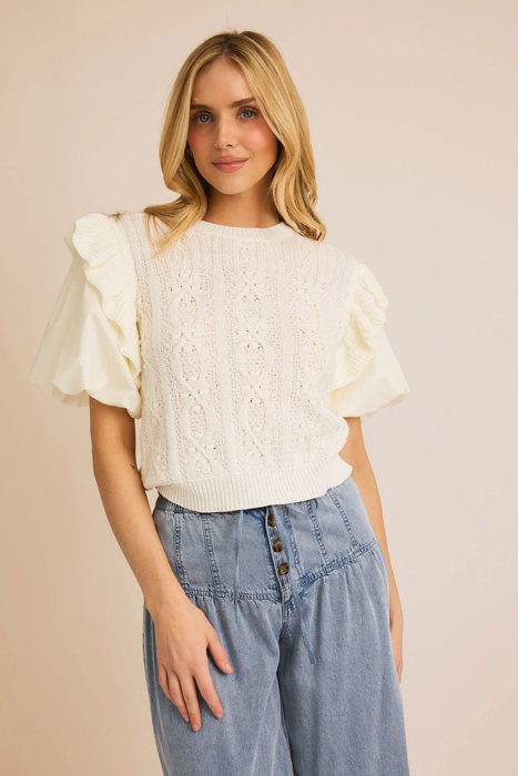 Maddie Round Neck Bubble Short Sleeve Ruffle Detail Sweater Top