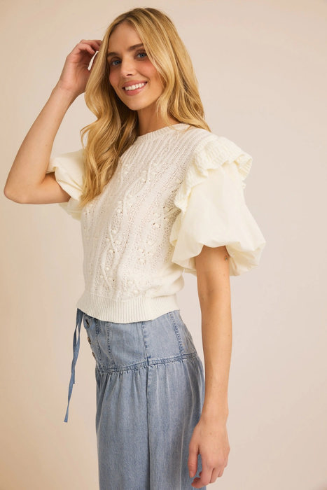 Maddie Round Neck Bubble Short Sleeve Ruffle Detail Sweater Top