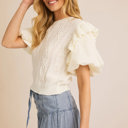  Maddie Round Neck Bubble Short Sleeve Ruffle Detail Sweater Top