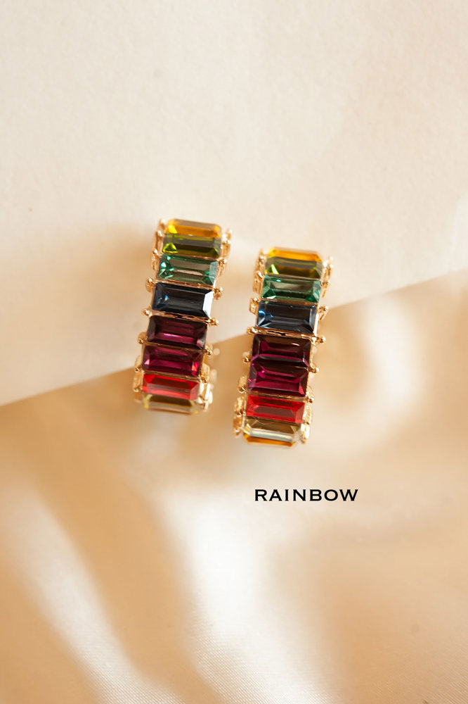 Rainbow Baguette Hoops | Chunky Sparkly Gemstone Hoop Earrings