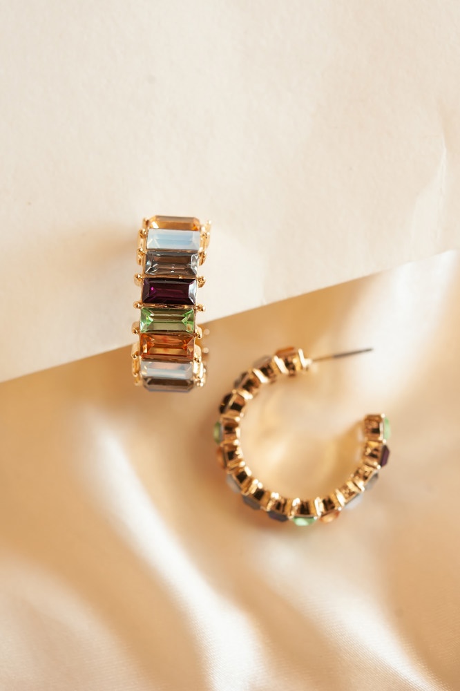 Rainbow Baguette Hoops | Chunky Sparkly Gemstone Hoop Earrings