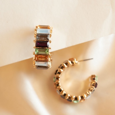 Rainbow Baguette Hoops | Chunky Sparkly Gemstone Hoop Earrings